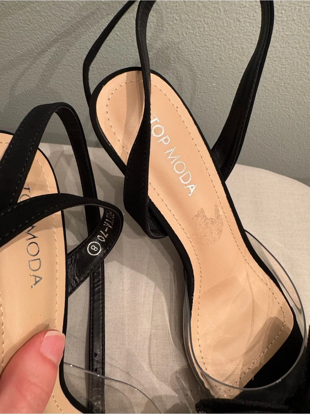 TOP Moda Black Pointed Slingback Heels with Crystal Bow